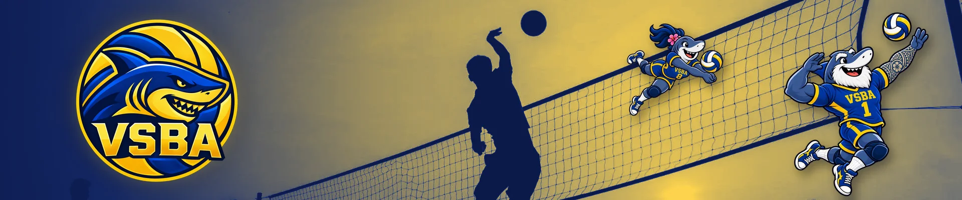 Logo du VSBA et requins volleyeurs devant un filet de beach-volley